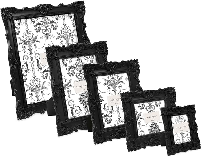 Laura Ashley 2x3 Black Ornate Textured Hand-Crafted Resin Picture Frame with Easel, for Tabletop & Wall Display, Decorative Floral Design Home Décor, Photo Gallery, Art & More (2x3, Black)