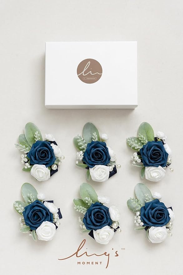 Ling's moment 6pcs Wedding Wrist Corsage Artificial Flowers, Girl/Mother Homecoming Prom Corsages Wristlet Décor, etc. Navy Blue Dark Navy