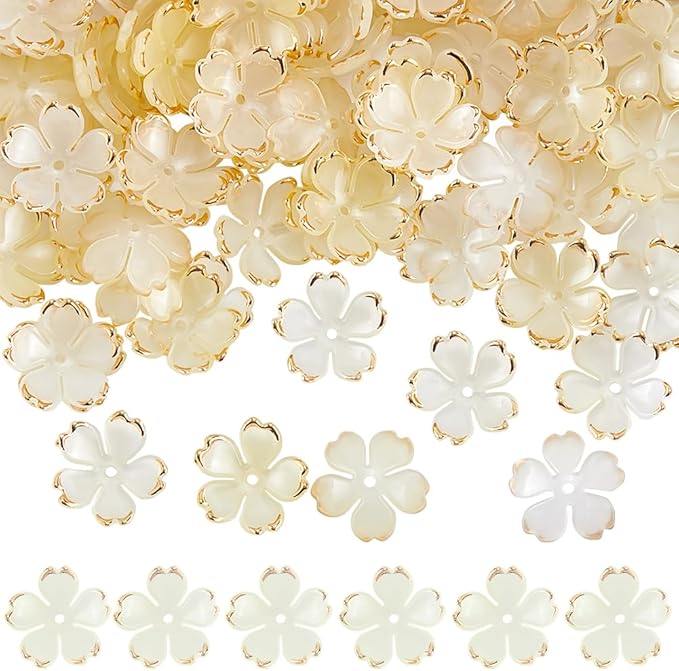SUNNYCLUE 1 Box 200pcs Bead Caps Flowers Yellow Flower Beads Mini Plastics Light Yellow Orange Golden Plated Cherry Blossom Sakuras Flowers Bead Bulk for Jewelry Making DIY Lanyard Women Crafts