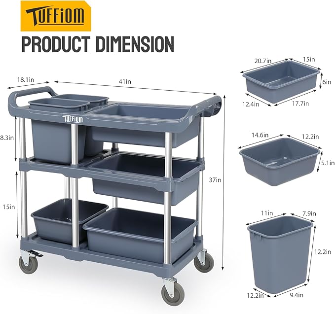 TUFFIOM 3-Tier Plastic Service Storage Utility Cart with Wheels, Heavy Duty Multi-Function Mobile Shelving Unit Organizer, Ideal for Restaurant, Foodservice, Office, Warehouse, Grey