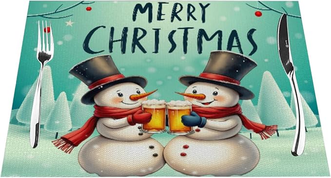 PVC Placemats Set of 6 Wipeable Table Mats Washable Heat Resistant Non Slip Vinyl Dining Table Mat for Kitchen Indoor Outdoor Patio Farmhouse Place Mats Christmas Snowman Beer Decorative