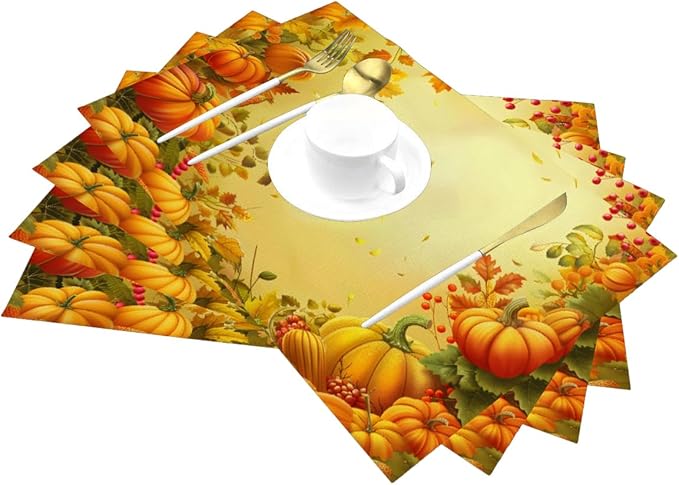 PVC Placemats Set of 6 Wipeable Table Mats Washable Heat Resistant Non Slip Vinyl Dining Table Mat for Kitchen Indoor Outdoor Patio Farmhouse Place Mats Thanksgiving Pumpkin Leaf Decorative