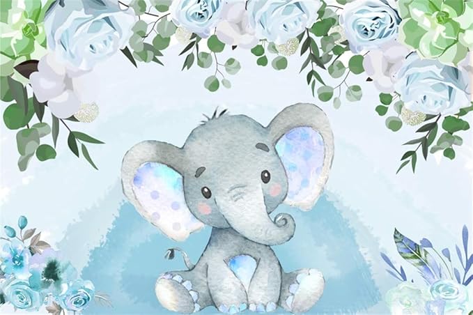 AOFOTO Flowers Baby Elephant Backdrop Light Blue 9x6ft Boy Gender Reveal Party Decorations Sweet Floral Baby Shower Photo Shoot Background for Photography Kids Child Birthday Photo Studio Props Vinyl