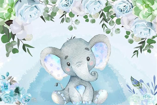 AOFOTO Flowers Baby Elephant Backdrop Light Blue 9x6ft Boy Gender Reveal Party Decorations Sweet Floral Baby Shower Photo Shoot Background for Photography Kids Child Birthday Photo Studio Props Vinyl