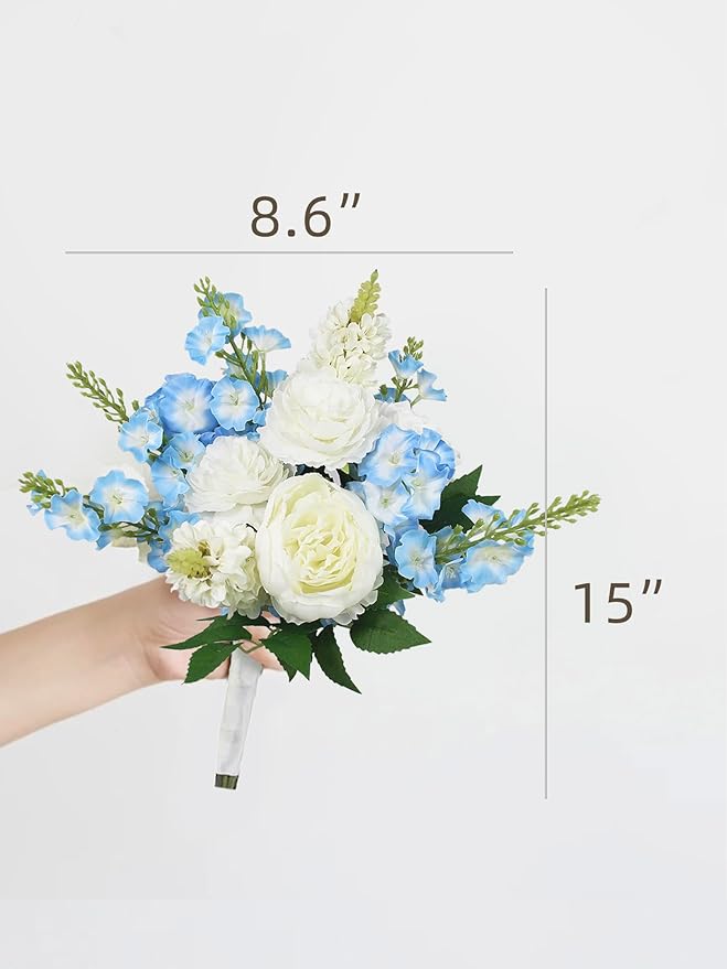 Rinlong 1Pc Baby Blue Bridesmaids Bridal Bouquet Artificial Delphinium Wedding Bouquets for Bride Bridesmaid Silk Bouquet for Wedding Prom