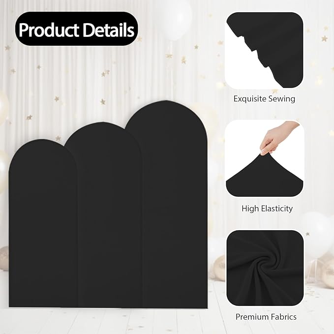 WEERRW Black Arch Backdrop Cover Ballon Arch Stand Covers Set of 3 Spandex Fitted Round Top Chiara Stretchy Backdrop for Wedding Birthday Party Decoration(6FT, 6.6FT, 7.2FT)