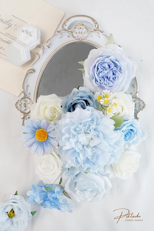Artificial Flower Combination Box Set Artificial Flower Loose Leaves and Stems DIY Wedding Center Bouquet Bride Wedding Baby Shower(Fresh Light Blue)