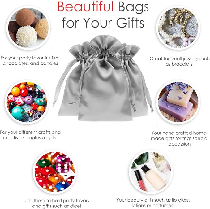 3" x 4" Silver Satin Gift Bags, Jewelry Bags, Wedding Favor Silky Drawstring Baby Shower Christmas 50 per Pack
