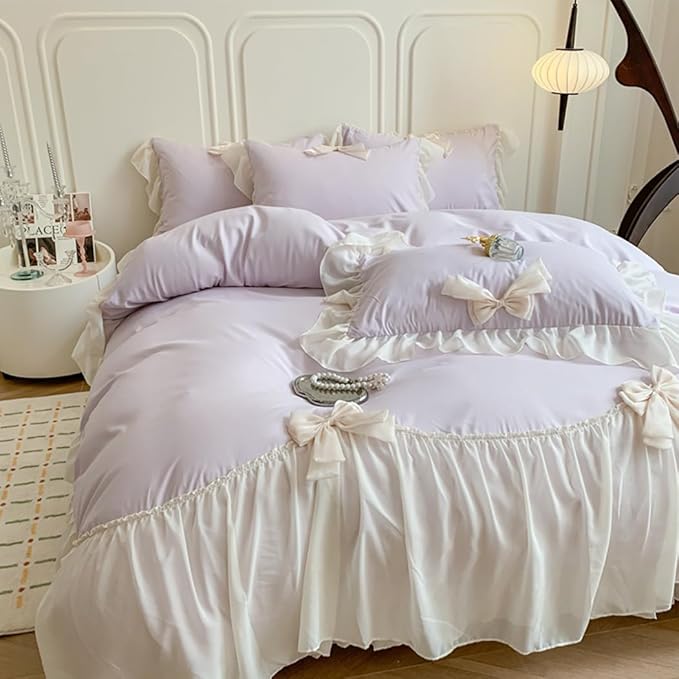 Girls Lace Bedding,Purple Queen Comforter Cover Set, Chic Ruffled Duvet Cover with Lovely Bow,Princess Style 1 Duvet Cover with 2 Pillowcases, No Comforter,Purple,Queen Size