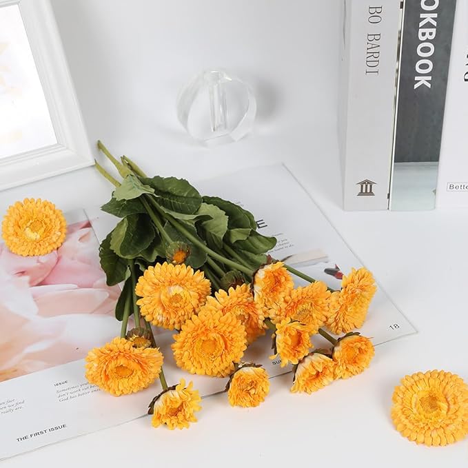 8pcs Yellow Artificial Daisies Silk Pot Marigold Flowers Realistic Faux Flowers for Vase Table Centerpiece Home Wedding Party Garden Decoration(Yellow)