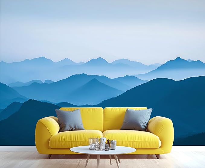 Minimalist Blues Mountain Wall Mural, Misty Layered Hills 3D Wall Murals, Serene Misty Mountains Wallpaper Mural, for Living Room Bedroom Large Wallpaper Indoor Decor 137.8" W x100 H