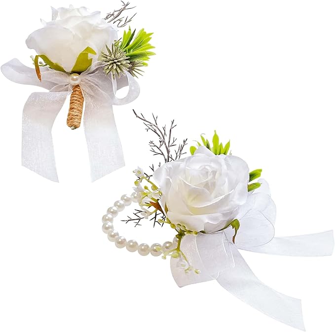 White Boutonniere and Corsage Set - 2Pcs Groom Boutonniere & Wrist Corsage Bracelets for Wedding, Prom and Anniversary,Formal Dinner Party,Ring Bearer & Niece Accessories