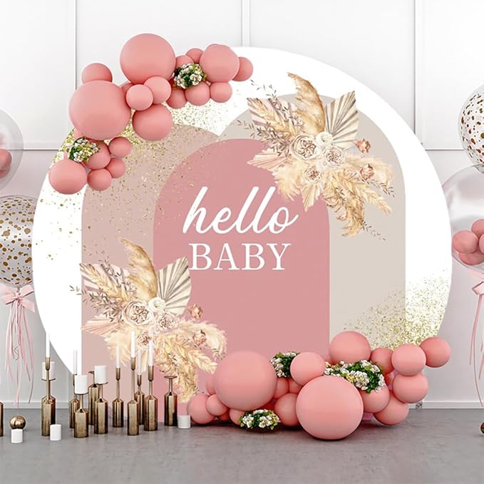 AOFOTO 6x6ft Boho Baby Shower Round Backdrop Cover Bohemian Chic Pink Arch Cover with Flowers Hello Baby Theme Photography Background Newborn Birthday Party Decorations Banner Photo Booth Props