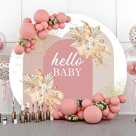 AOFOTO 4x4ft Boho Baby Shower Round Backdrop Cover Bohemian Chic Pink Arch Cover with Flowers Hello Baby Theme Photography Background Newborn Birthday Party Decorations Banner Photo Booth Props