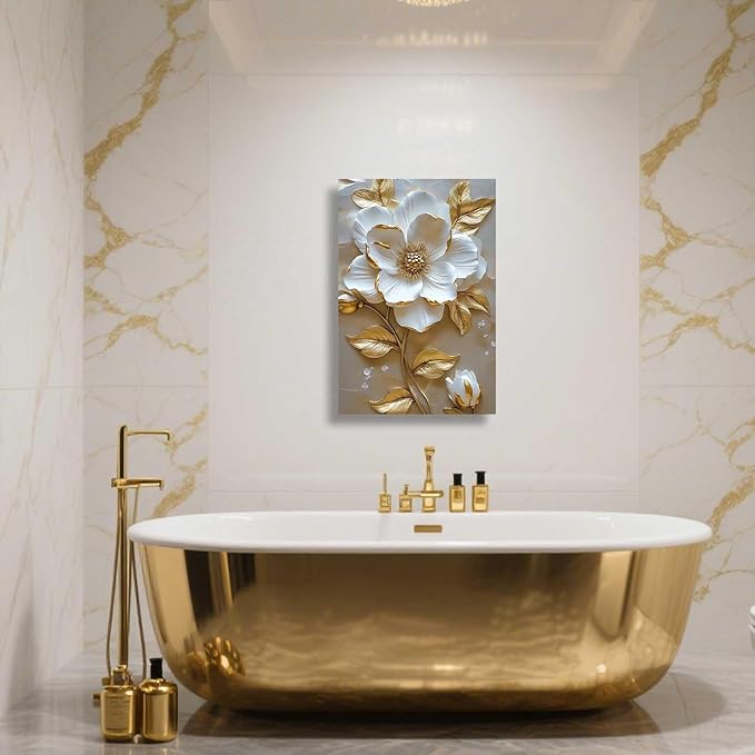 ZSHARTSWD Abstract White & Gold Floral Canvas Wall Art Elegant Flowers Pictures Prints White Flower Golden Leaves Painting Living Room Bathroom Decor Framed (Beige, 24L x 16W)