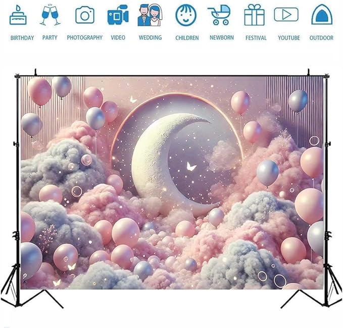 Dreamy Moon and Balloons Backdrop Pink Dreamy Balloon Moon Baby Birthday Decoration Kids Portrait Photo Backdrop Newborn Baby Photography Background (9x6feet)