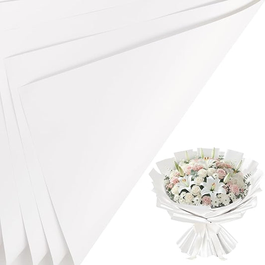 LeZakaa 20 Sheets Flower Wrapping Paper - Waterproof Reversible Floral Bouquet Paper - White Design for Valentine's Day, Mother's Day, Parties, Birthdays, Weddings, Baby Shower