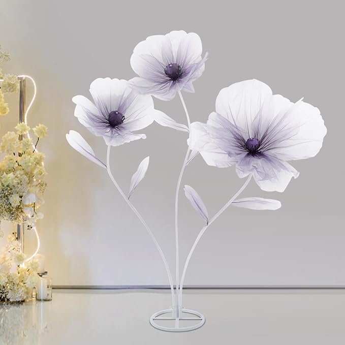 Large Giant Flowers Wedding, 3-Head Fake Flowers with Standing Stems and Base, 5.6 Ft Tall Artificial Silk Flower Large Fake Flower, Wedding Reception Banquet Background Home Decor (Purple)