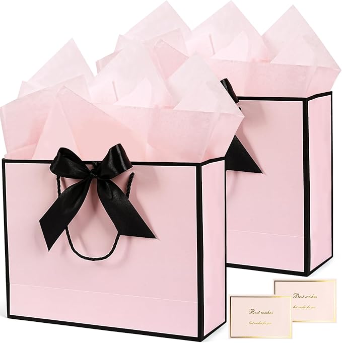 Pink Gift Bags 13”, 2 PCS Large Gift Bags with Handles for Girls Women, Portable Gift Bag Set with Tissue Paper Greeting Card and Bow Ribbon, Pink Paper Bags for Birthday Wedding Valentine's Day