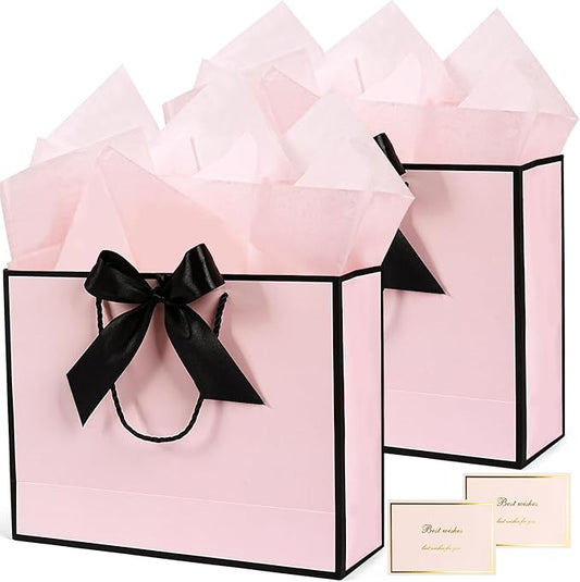 Pink Gift Bags 13”, 2 PCS Large Gift Bags with Handles for Girls Women, Portable Gift Bag Set with Tissue Paper Greeting Card and Bow Ribbon, Pink Paper Bags for Birthday Wedding Valentine's Day