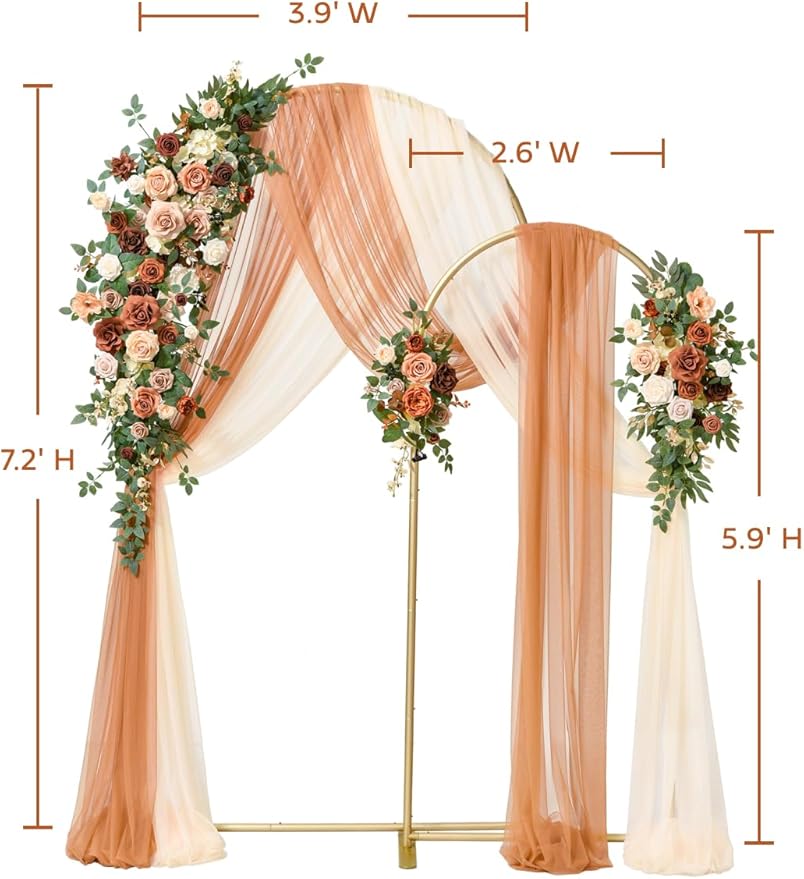 Ling's moment Wedding Arch Backdrop Stand with Flowers - 7.2FT, 6FT Set of 2 Metal Arch Frame with Drape for Ceremony Decor - Artificial Floral Birthday Party, Bridal Shower, Terracotta Orange