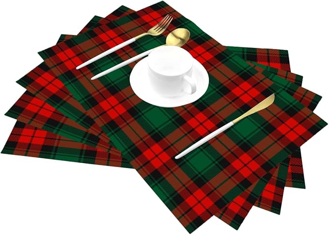 PVC Placemats Set of 1 Wipeable Table Mats Washable Heat Resistant Non Slip Vinyl Dining Table Mat for Kitchen Indoor Outdoor Patio Farmhouse Place Mats Christmas Green Red Grid Decorative