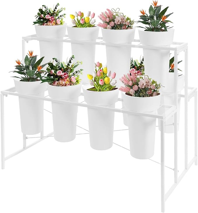 Flower Display Stand with 12 Pcs Buckets 3 Layers Metal Plant Stand Plant Cart Shelf Flower Bucket Rack Stand for Indoor Florist Garden Patio (White Stand-White Round Buckets)