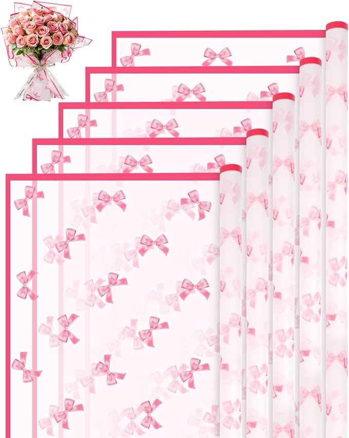 Liobelon 20 Sheets Flower Wrapping Paper Waterproof Bouquet Paper Bow Pattern Rose Pink Gift Wrapping Paper for Flower Shop, Wedding, Birthday Party, Handmade DIY, Anniversary 22.8 x 22.8Inch
