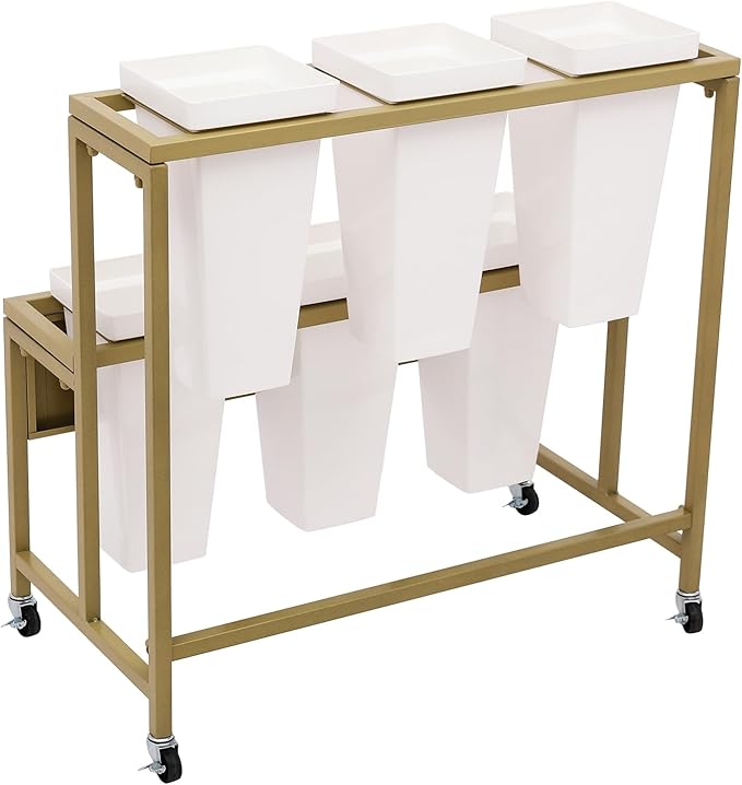 2-Layers Flower Display Stand Metal Flower Display Stand With 6 Pcs Buckets Rolling Plant Stand Flower Cart Moving Florist Bouquet Shelf for Fresh Flower Shop Balcony,Load Capacity 33.07lbs (Gold)