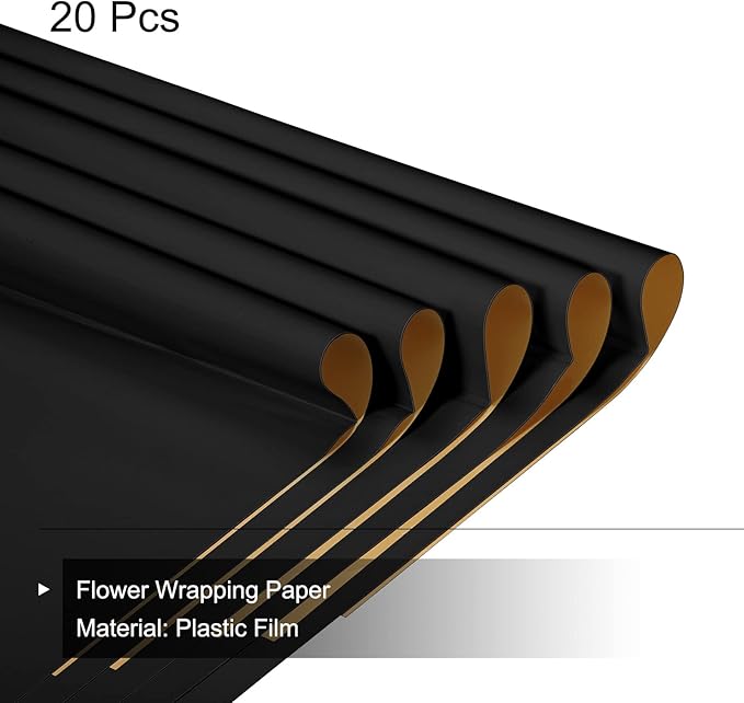 MECCANIXITY 20 Pcs Double Sided Color Flower Wrapping Paper Black+Gold 22.8"x22.8" Waterproof for Florist Bouquet Supplies, DIY Crafts, Gift Box Packaging