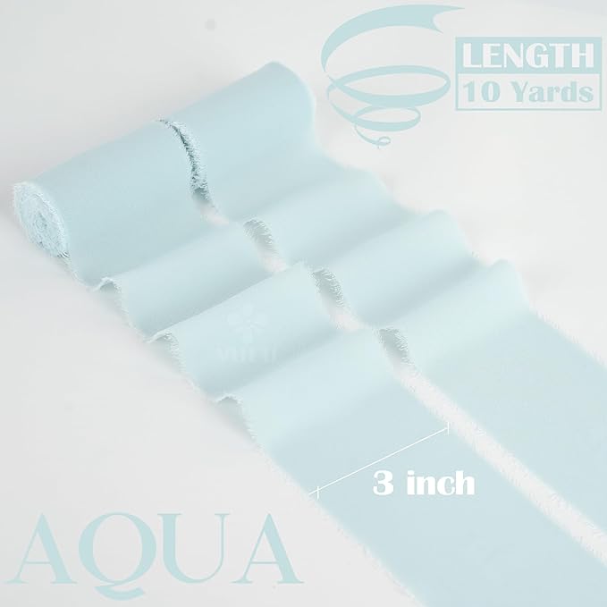 MEEDEE Aqua Chiffon Ribbon 3 Inch Fringe Ribbons Blue Chiffon Silk Frayed Edge Ribbon Wide Chiffon Ribbons for Crafts, Flower Bouquet, Wedding Favors Wrapping (2 Rolls 10 Yards)