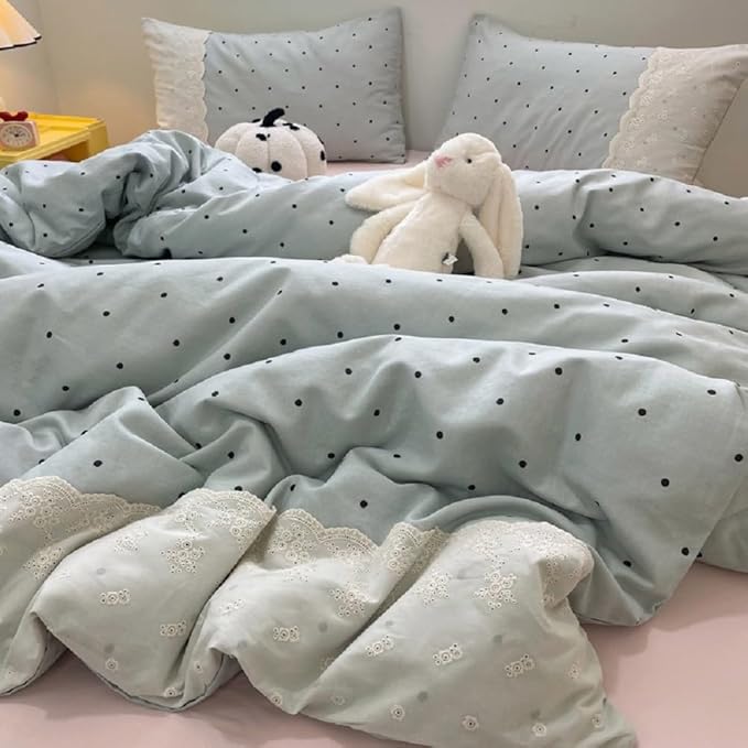 Twin XL Comforter Set Lightweight Polka Dots Comforter for Girls Teens Fluffy Soft Microfiber Princess Style Lace Bedding Comforter with 2 Pillowcases Cute Black Dots Pattern Blue Comforter Set