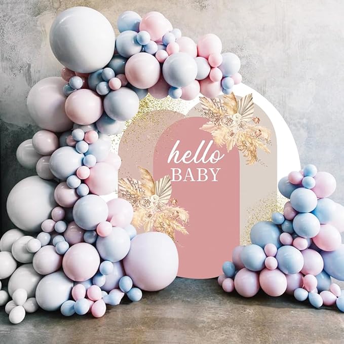 AOFOTO 7.5x7.5ft Boho Baby Shower Round Backdrop Cover Bohemian Chic Pink Arch Cover with Flowers Hello Baby Theme Photography Background Newborn Birthday Party Decorations Banner Photo Booth Props