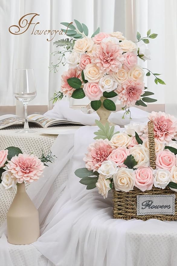 Floweroyal Artificial Pink Flowers Fake Rose Flowers Dahlia with Stems for DIY Wedding Bridal Bouquets, Baby Shower, Floral Arrangement, Table Centerpieces, Home Decorations.