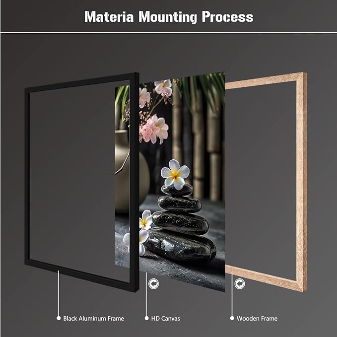 A harmonious black stone stack paired with white and pink flowers bamboo and ceramic vases creates a tranquil Zen decor for minimalist homes and mindful spaces 12x18in Metal blackFramed