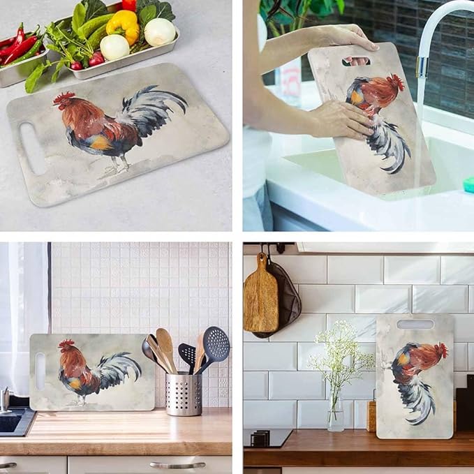 Roosters Cutting Board Red Cock With Blue Tail Grip Handle Chopping Boards Cutting Board for Kitchen Plastic 16" x 10" x 0.24"