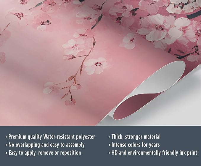 Pink Cherry Blossom Wall Mural, Romantic Cherry Blossom 3D Wall Murals, Japanese Flower Wallpaper Mural, for Living Room Bedroom Large Wallpaper Indoor Decor 118" W x 82.6 "H