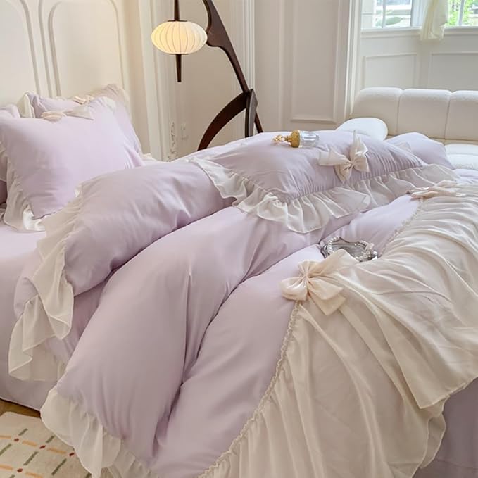Chic Lace Bedding,Girls Twin Aesthetic Comforter Cover Set,Romantic French Princess Style Ruffled Duvet Cover with Lovely Bow with Zipper Closure-Purple,Twin