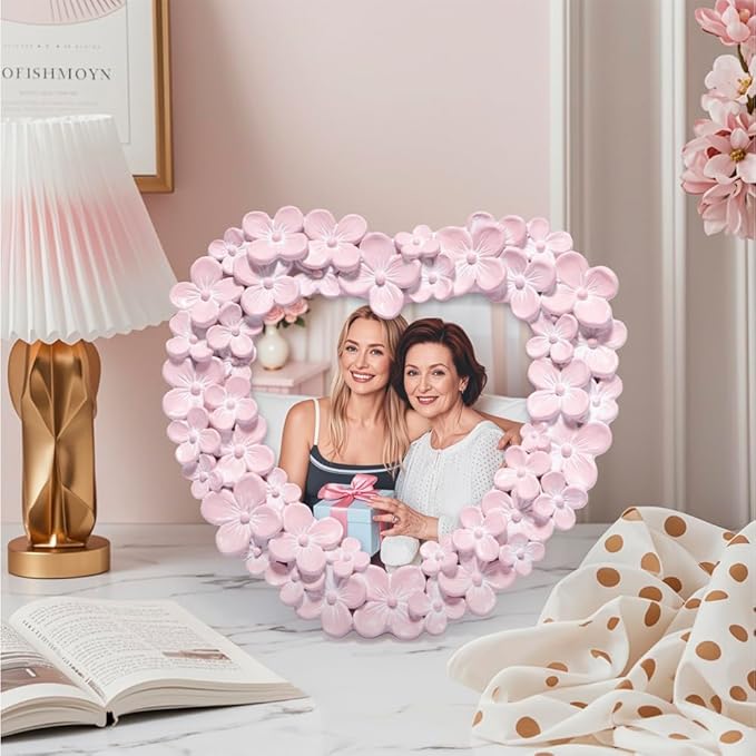 Hodao 4x4 Inch 3D Floral Heart Shaped Frame - Hand-Crafted Resin Picture Frame with White & Gold Accents for Wedding, Valentine’s Day & Romantic Home Decor (Pink-Heart)