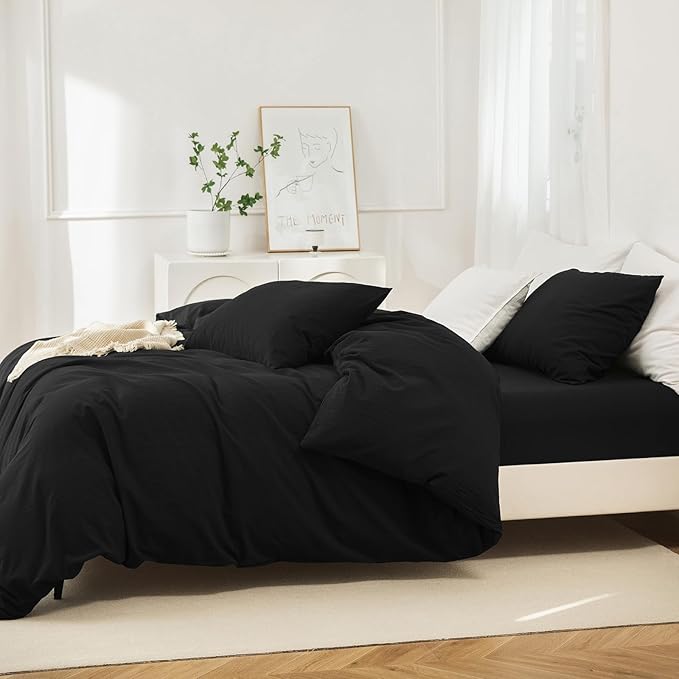 JIYUAN 100% Washed Cotton Duvet Cover Set 2 Pieces Twin, 1 Duvet Cover 68x90 Inches(Comforter Not Included) and 1 Pillowcases,Linen Feel Bedding Set Comfy and Breathable,Black