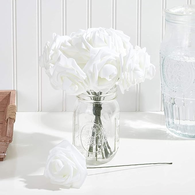 Bright Creations Bright White Roses Artificial Rose Flowers for Wedding Bouquet & Bridal Shower DIY Party Decor - 3 Inch Head, 9 Inch Stem, 60 Pack