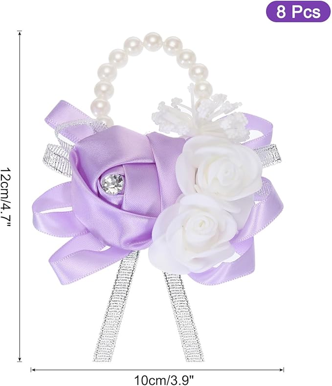 MECCANIXITY 8Pcs Wrist Corsage Artificial Flower Bracelets Rose Wrist Bride Groom Decorative for Wedding Ceremony Prom Party Anniversary Light Purple