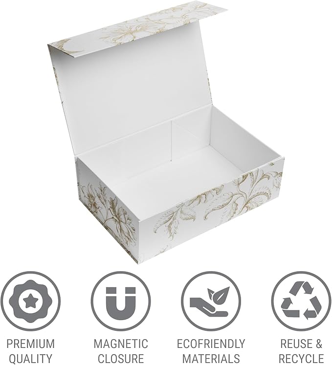 Luxury Keepsake Gift Box | Gold Floral Decorative Boxes with Magnetic Lids for Presents, Wedding Memory Box, and Bridal Gifts. 13.5" x 9" x 4.3"