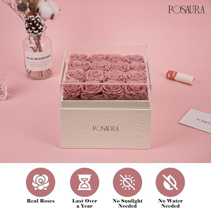 Rosaura Square Preserved Roses Gift Box - Real Forever Flowers in Clear Acrylic Lid, Valentine's for Women (Cappuccino, 16 Roses)