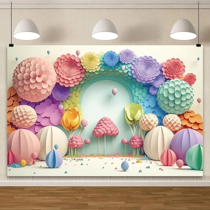 YongFoto Paper Flowers Backdrop 12x8ft Colorful Cut Paper Floral Blossom Rainbow Arch Hot Air Balloon Honeycomb Ball Photography Background Lovely Party Banner Home Decor Photo Studio Booth Props