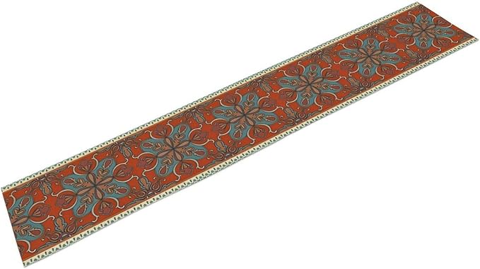 Boho Floral Table Runner, Burnt Orange Blue Traditional Ethnic Flower Vintage Farmhouse Table Runner for Kitchen Dining Wedding Party Decor, 13x60 Inch