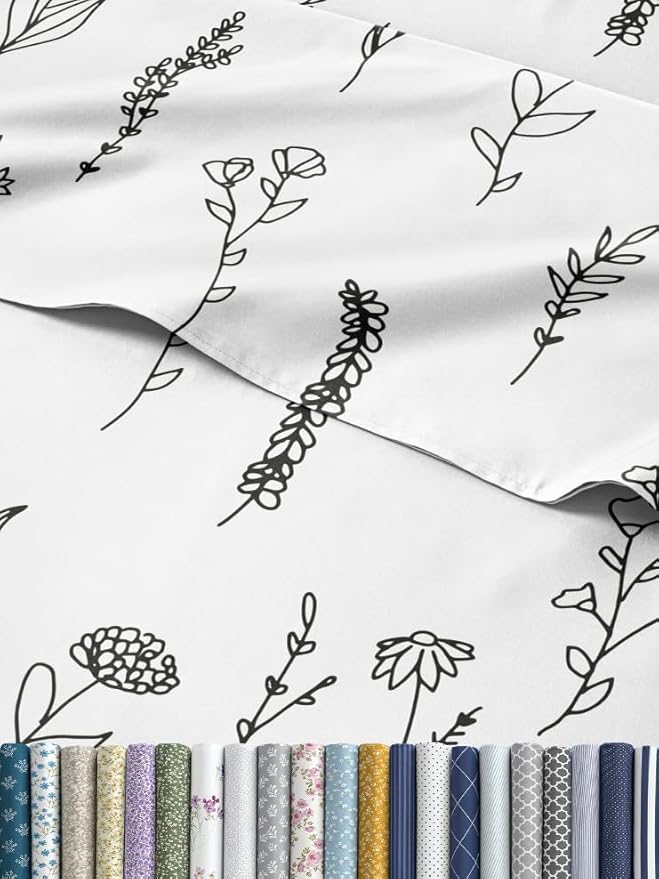 Floral Sheets - Black & White Floral Bed Sheet Set - 1 Flat, 2 Fitted & 2 Pillowcases w/ Deep Pockets - Wrinkle & Fade Free - Boho Botanical Bedding - Soft, Breathable & Cooling - Split King Size Set