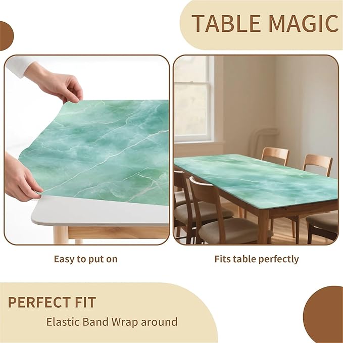 Rectangle Table Cloth Cover Waterproof Elastic Fitted Polyester Fitted Tablecloths for 8 Foot Tables for Indoor,Picnic, Camping, Outdoor （96" x 30"，Green Marble）