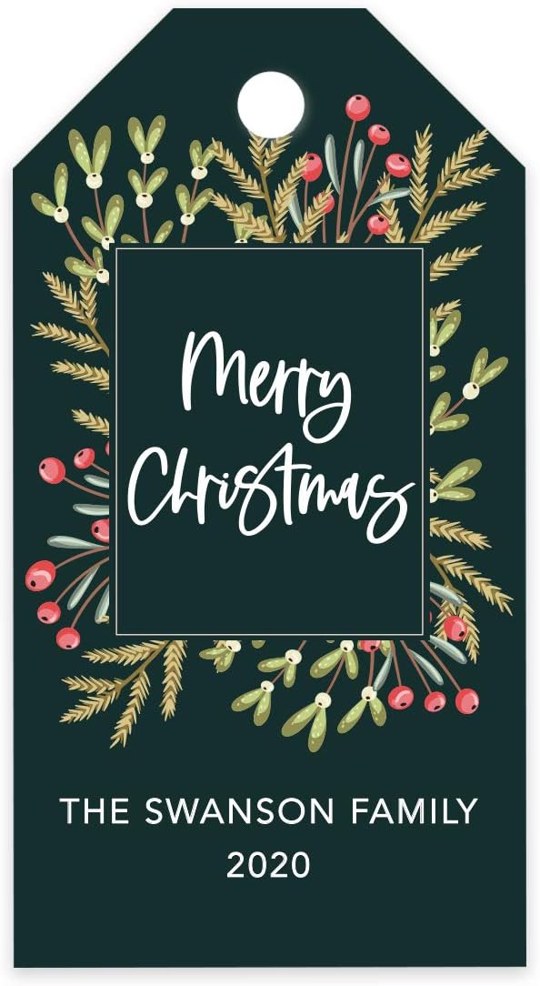 Andaz Press Personalized Christmas Holiday Season Classic Gift Tags, Merry Christmas Custom Family Name and Year, Christmas Square Wreath Design, for Holiday Events, Parties, and Favors, 60-Pack