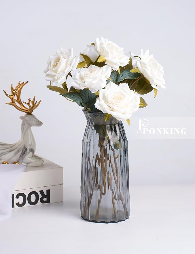 3.1"(8cm) Manta Rose Artificial Flower 7pcs Realistic Faux Silk Roses Fake Flowers Bouquets Arrangements Decor for Wedding Spring Mother's Day, Home Table Decorations, White Flower
